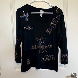 Embroidered Beaded Long-Sleeve Top Peace Love Motifs Chicos Womens XL HIppie Cat